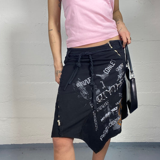 Vintage 2000's Archive Black Asymmetric Midi Skirt with Typography Print (S/M)