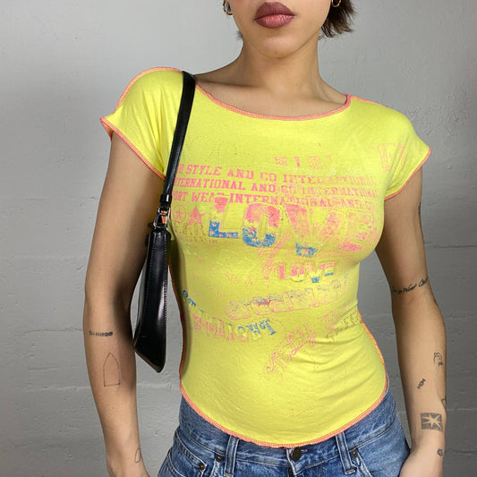 Vintage 2000's Downtown Girl Yellow Top with Neon Pink Typography Print (S)