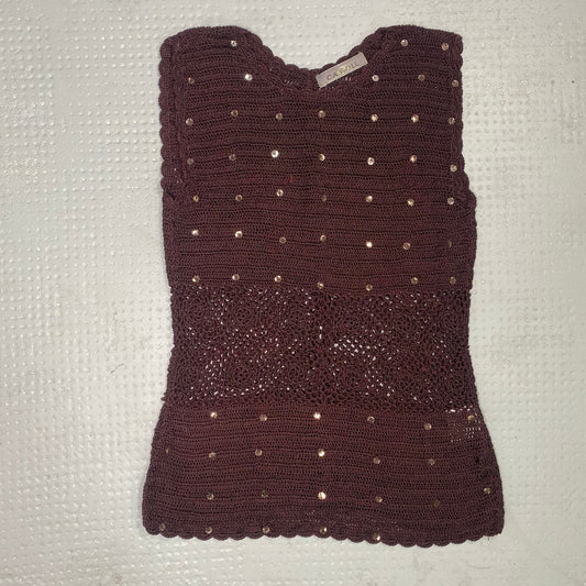 Vintage 2000's Boho Brown Crochet Top with Sequins Detail (S)