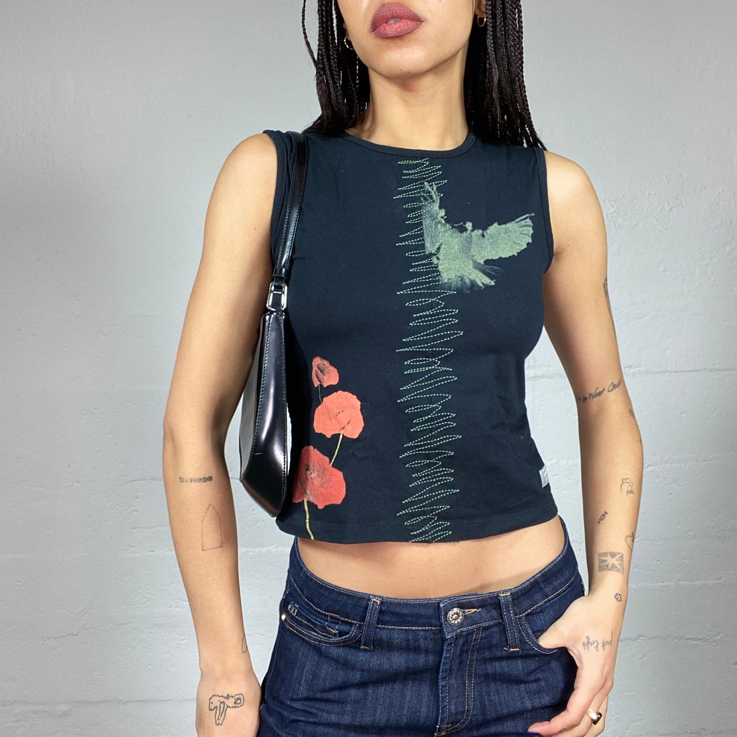 Vintage 2000's Indie Black Top with Red Flower and Pigeon Print (S)
