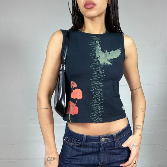 Vintage 2000's Indie Black Top with Red Flower and Pigeon Print (S)