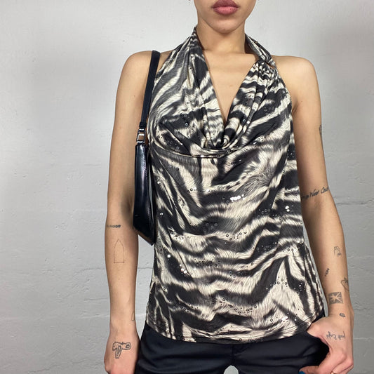 Vintage 2000's Morgan Clubwear Beige Neckholder Top with Zebra Print and Sequins Decoration (S/M)