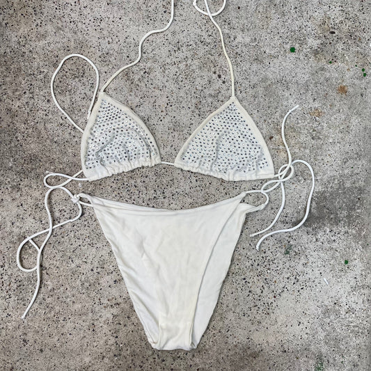 Vintage 2000's Funky White Bikini With Rhinestone Top (M)