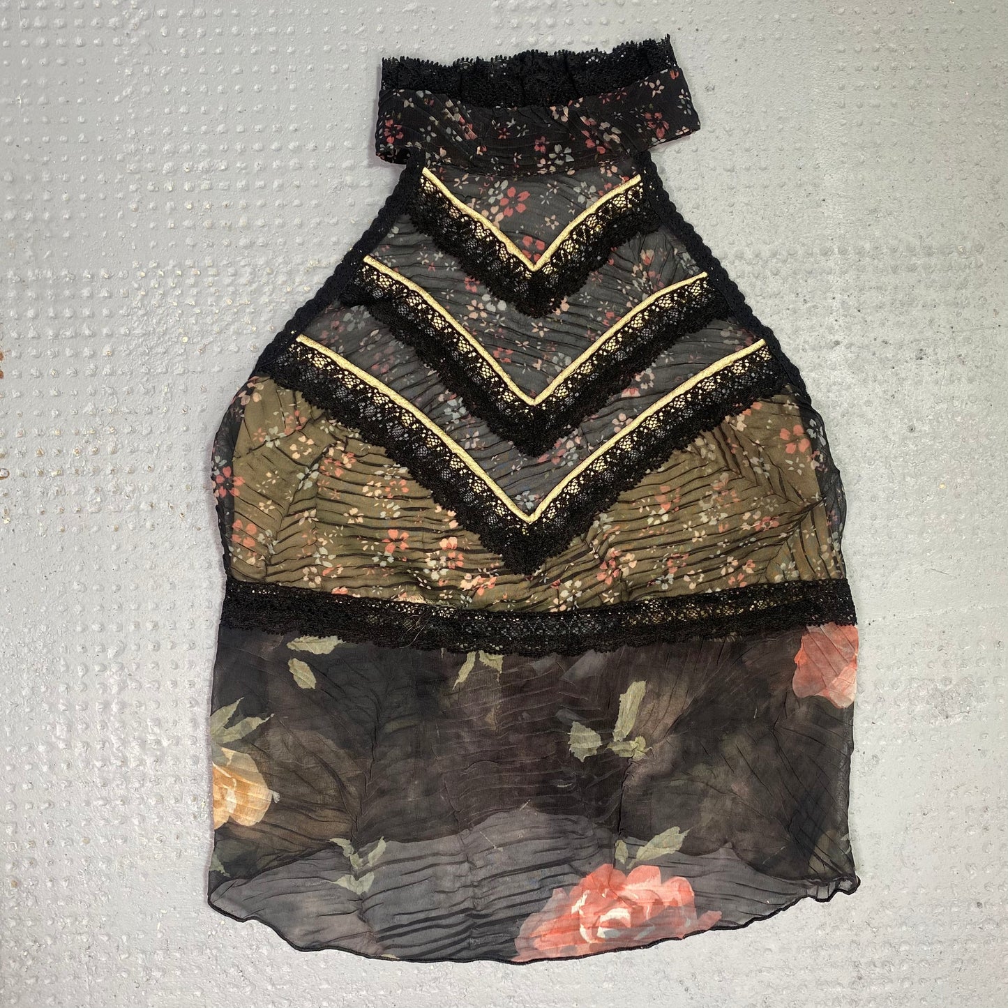 Vintage 2000's Downtown Girl Black Textured Highneck Open Back Top with Mesh Floral Print (S)