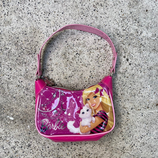 Vintage 2000's Barbie Hot Pink Mini Bag with Barbie and Cat Print