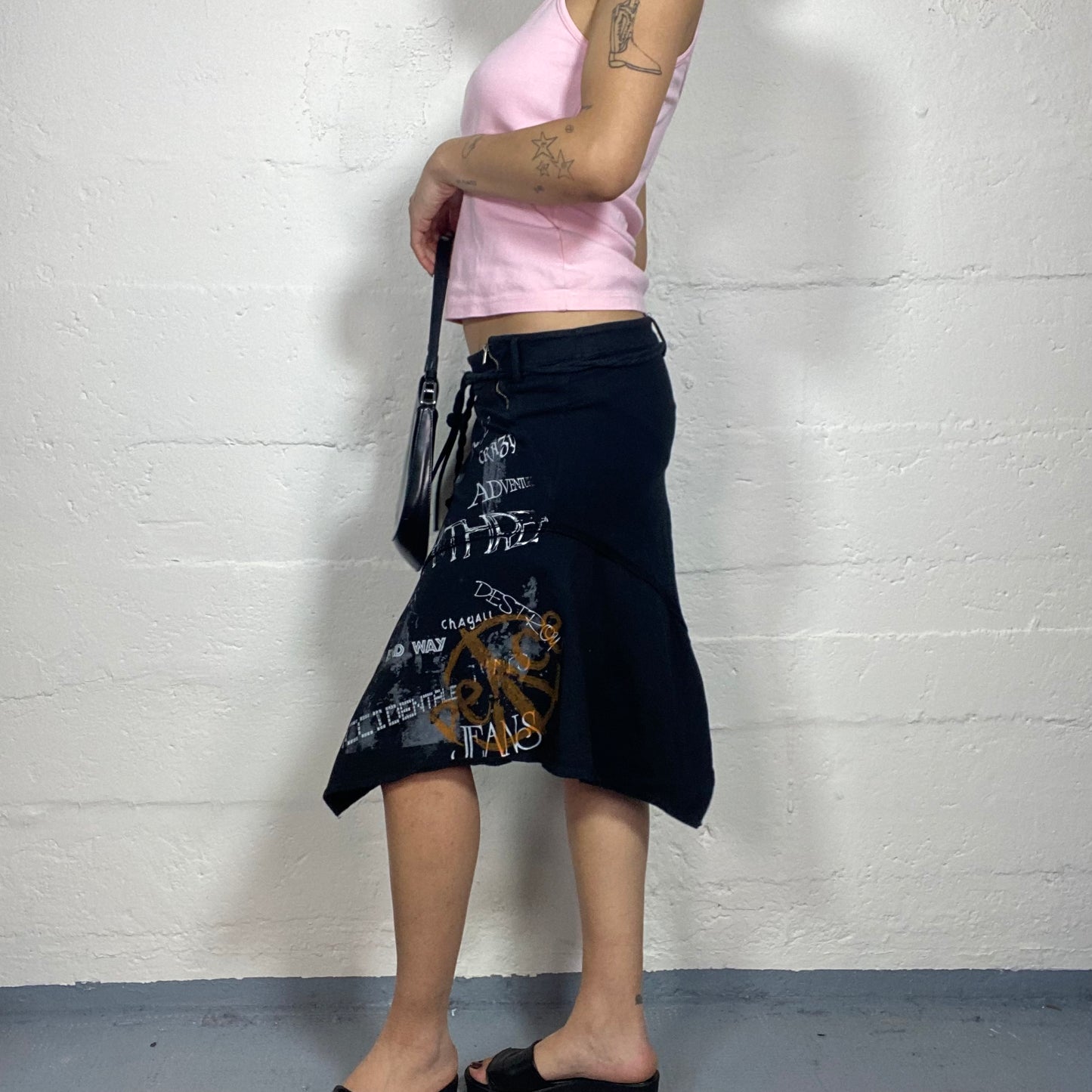 Vintage 2000's Archive Black Asymmetric Midi Skirt with Typography Print (S/M)