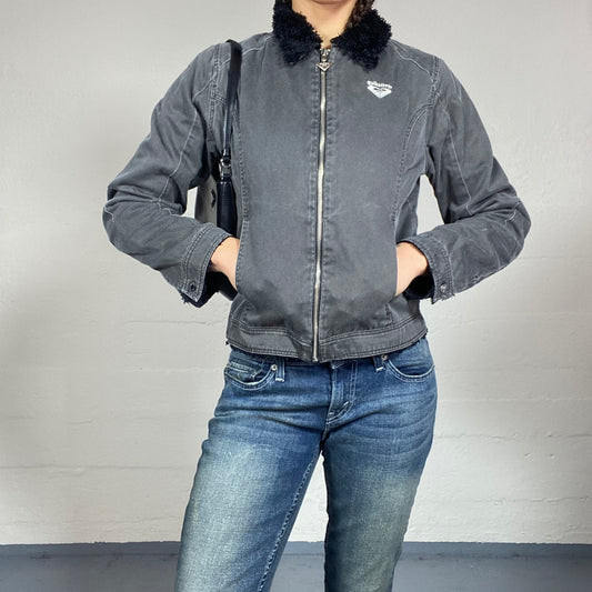 Vintage 90's Quicksilver College Girl Black Denim Short Coat with Faux Fur Collar Detail (S/M)