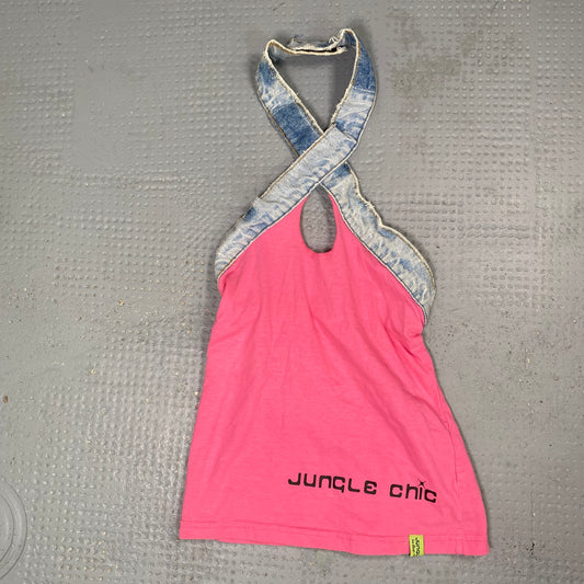 Vintage 2000's Downtown Girl Denim Neckholder Top with Pink Body (S/M)