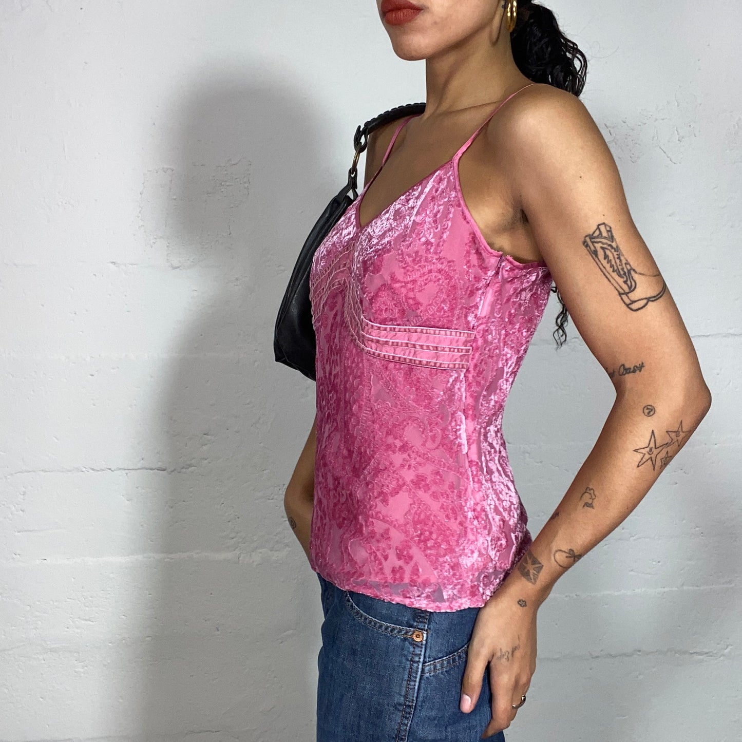 Vintage 90's Summer Pink Velvet Top with Paisley Textured Print (S/M)