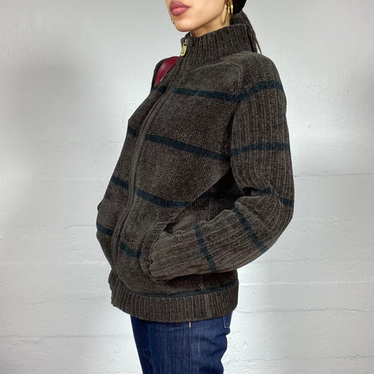 Vintage 90's Fairy Brown Zip Up Pullover with Black Stripes Detail (M)