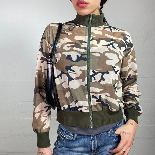 Vintage 2000's Rave Khaki Zip Up Jacket with Camo Print Covering (M)