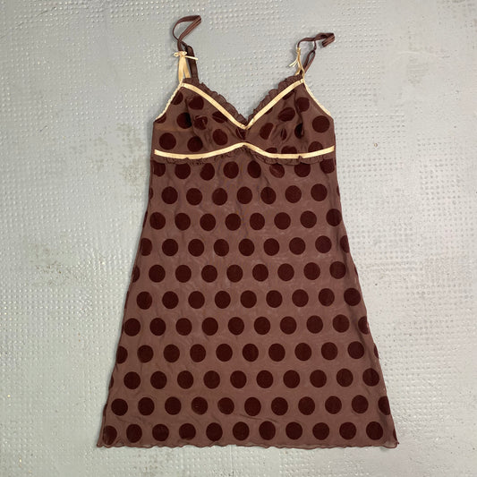 Vintage 2000's Coquette Lingerie Brown Mesh Mini Dress with Dots Print (M)