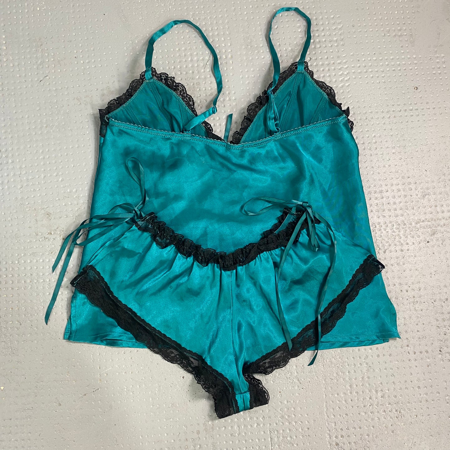 Vintage 2000's Lingerie Blue Satin Cami Set with Black Lace (S)