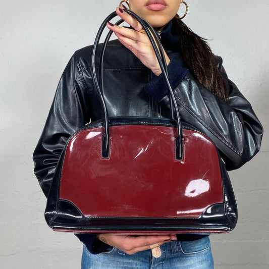 Vintage 2000's Downtown Girl Black and Garnet Bowling Patent Leather Shoulder Bag with Shiny Finish