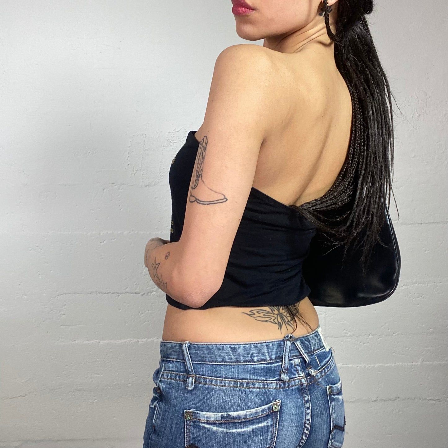 Vintage 2000's Morgan Rave Black Strapless Cropped Top with Strass "Je Le Veux Tout De Suite" Text Detail (S)
