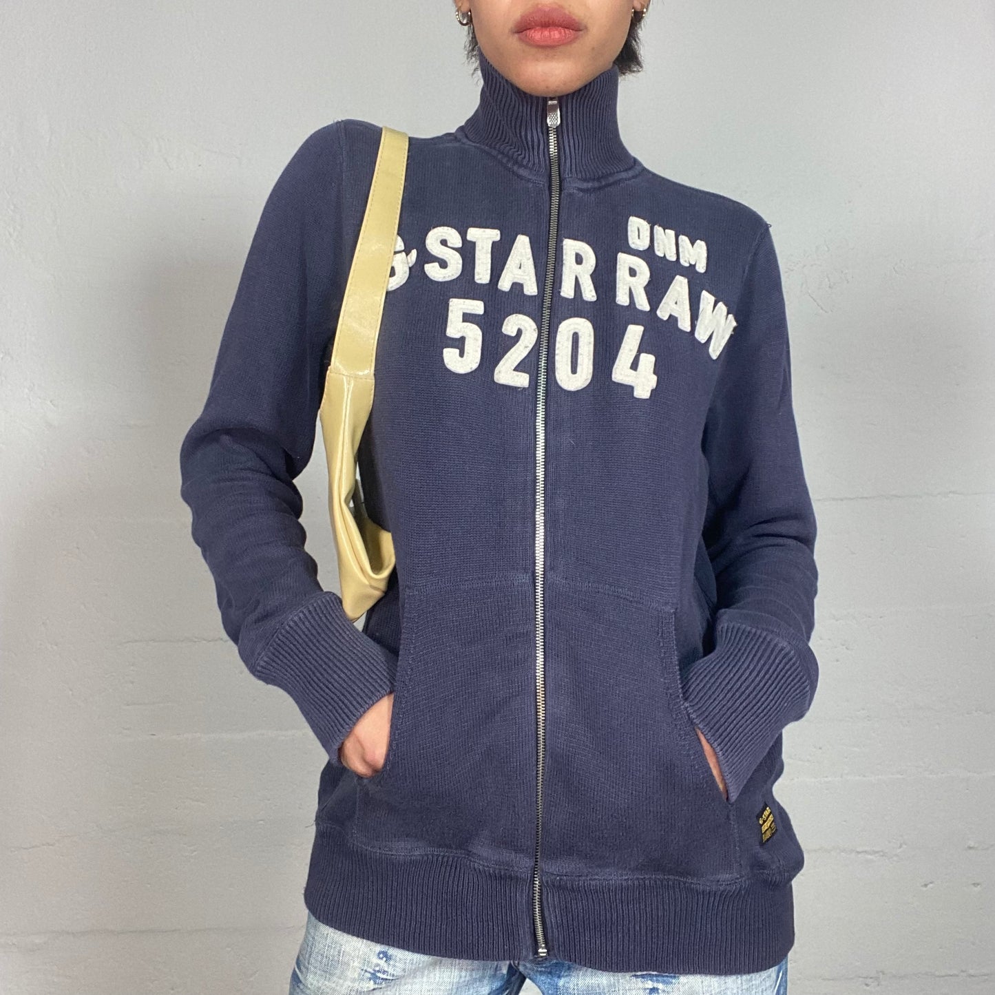 Vintage 90's G-Star College Navy Blue Zip Up Sweater with Brand Typography Detail (M/L)