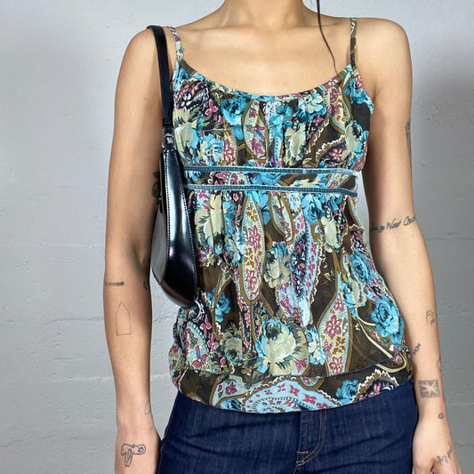 Vintage 90's Phoebe Buffay Green Blouse Top with Boho Blue and Pink Floral Print (S)