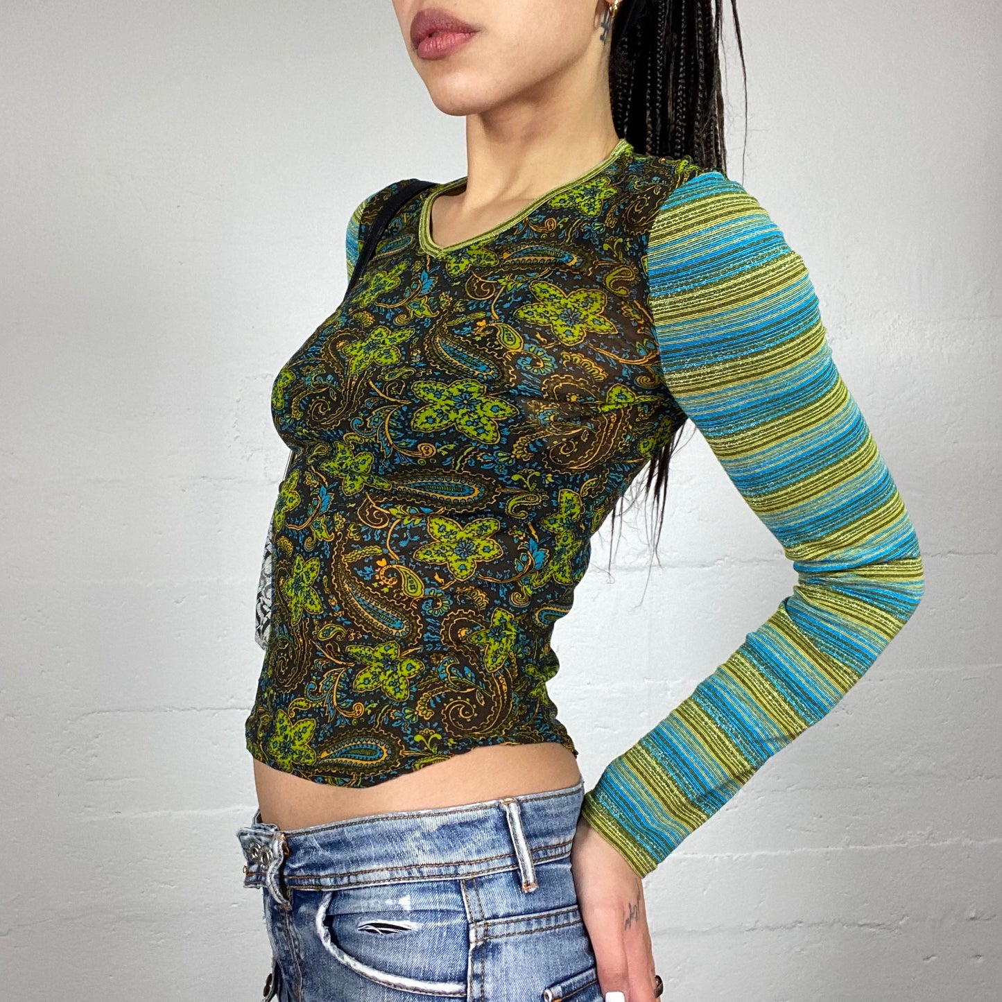 Vintage 90's Phoebe Buffay Green and Blue Stripes Longsleeve Top with Floral Print (S)