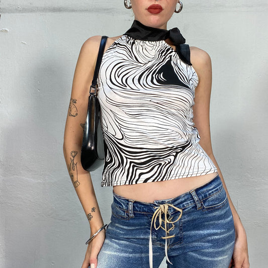 Vintage 2000's Funky Black and White Top with Wavy Print and Bow Turtleneck Detail (S)