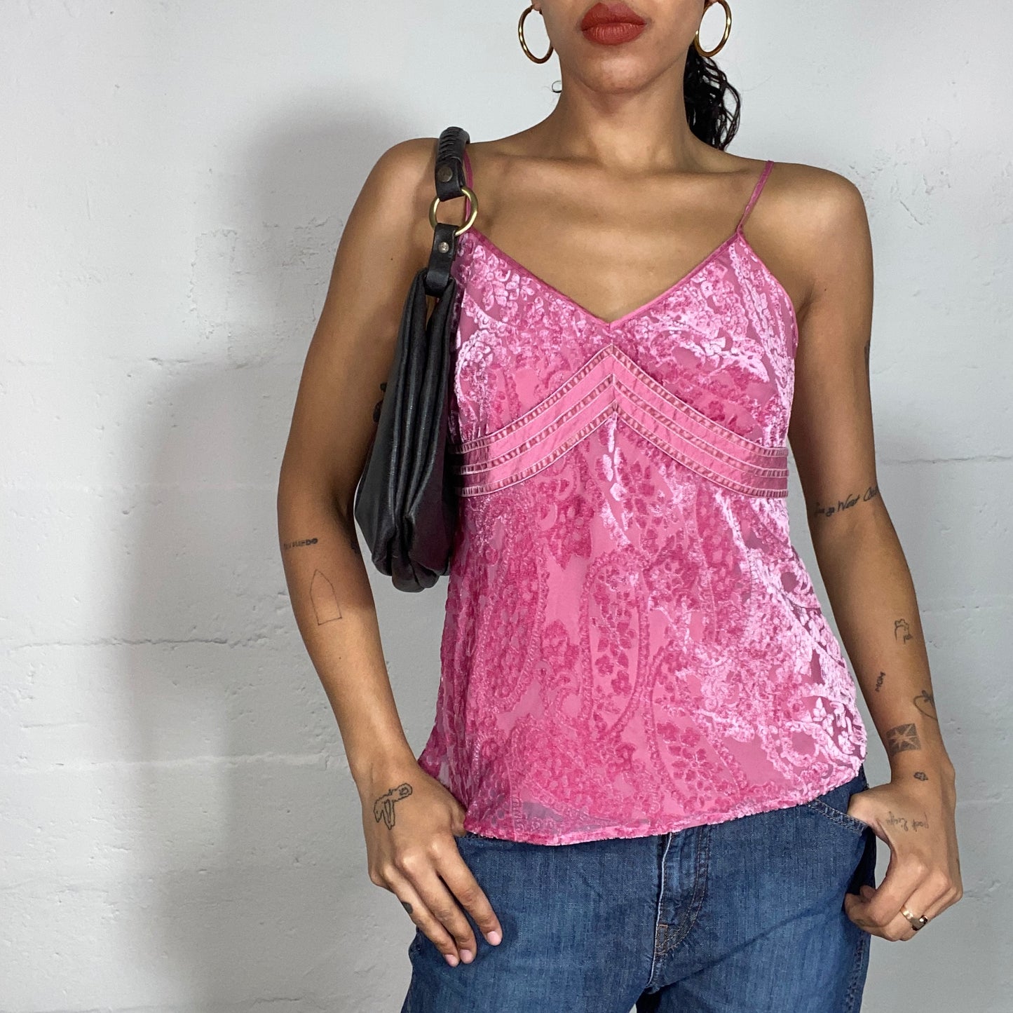 Vintage 90's Summer Pink Velvet Top with Paisley Textured Print (S/M)