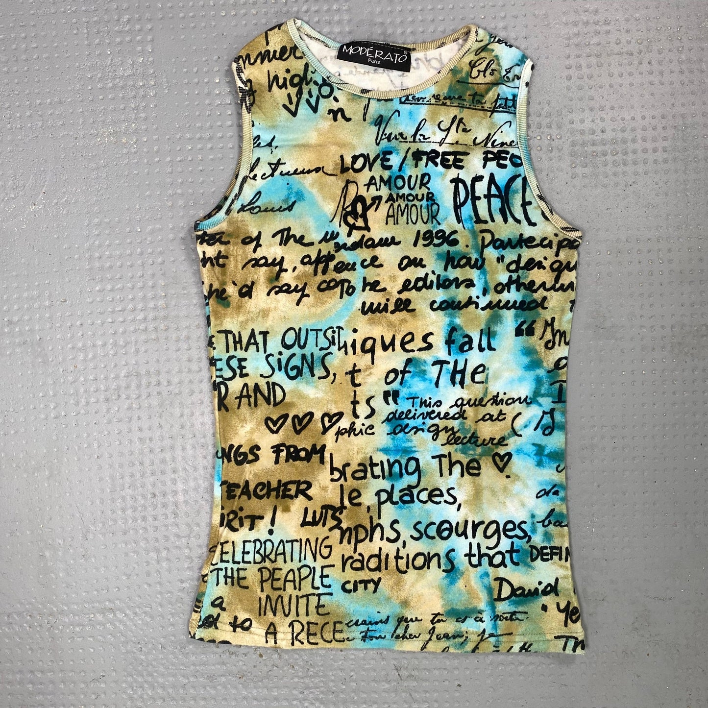 Vintage 2000's Boho Khaki Top with Blue Tie Dye Typography Print (XXS)