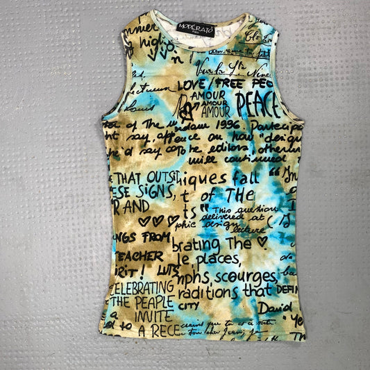 Vintage 2000's Boho Khaki Top with Blue Tie Dye Typography Print (XXS)