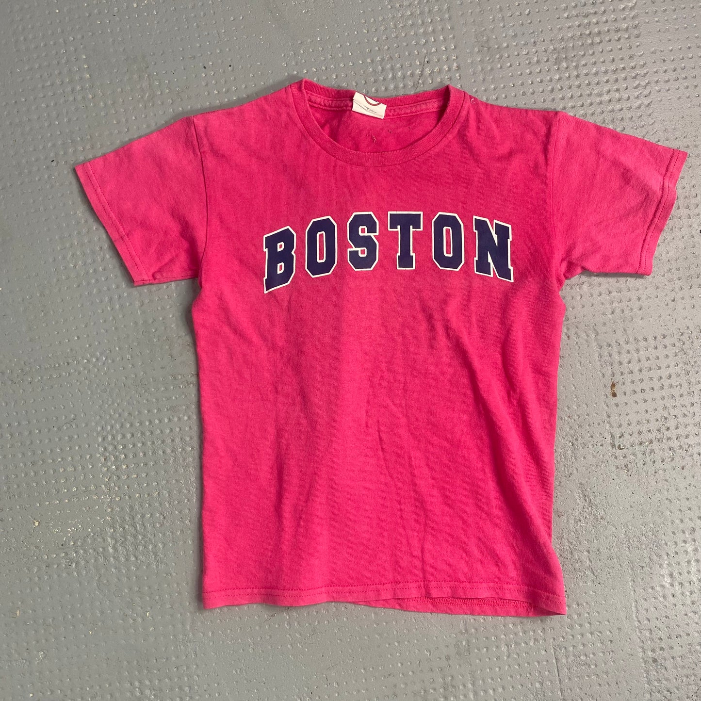 Vintage 90's College Girl Salmon Pink Tee with Navy "Boston" Print (S/M)