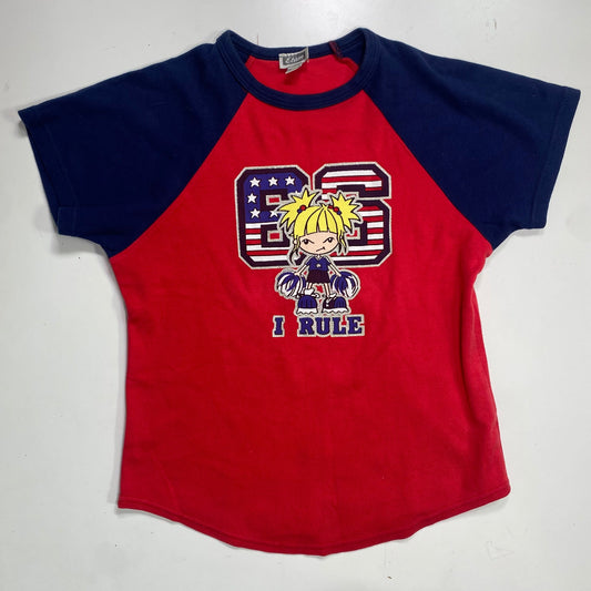 Vintage 2000's Downtown Girl Red Top with Cartoon Girl Print Detail (S)