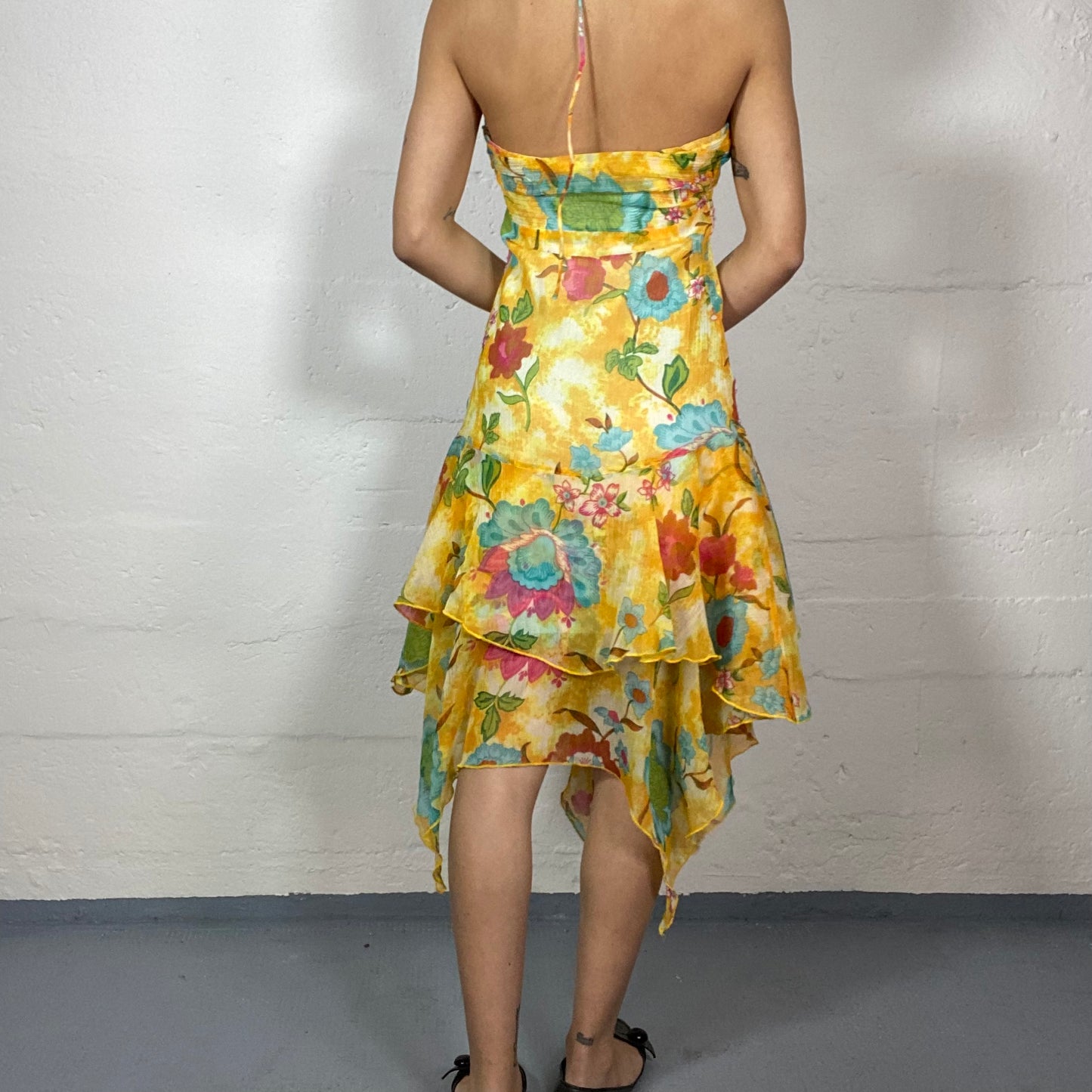 Vintage 2000's Barbie Yellow Layered Dress with Maxi Floral Print with Rhinestones Detail (S)