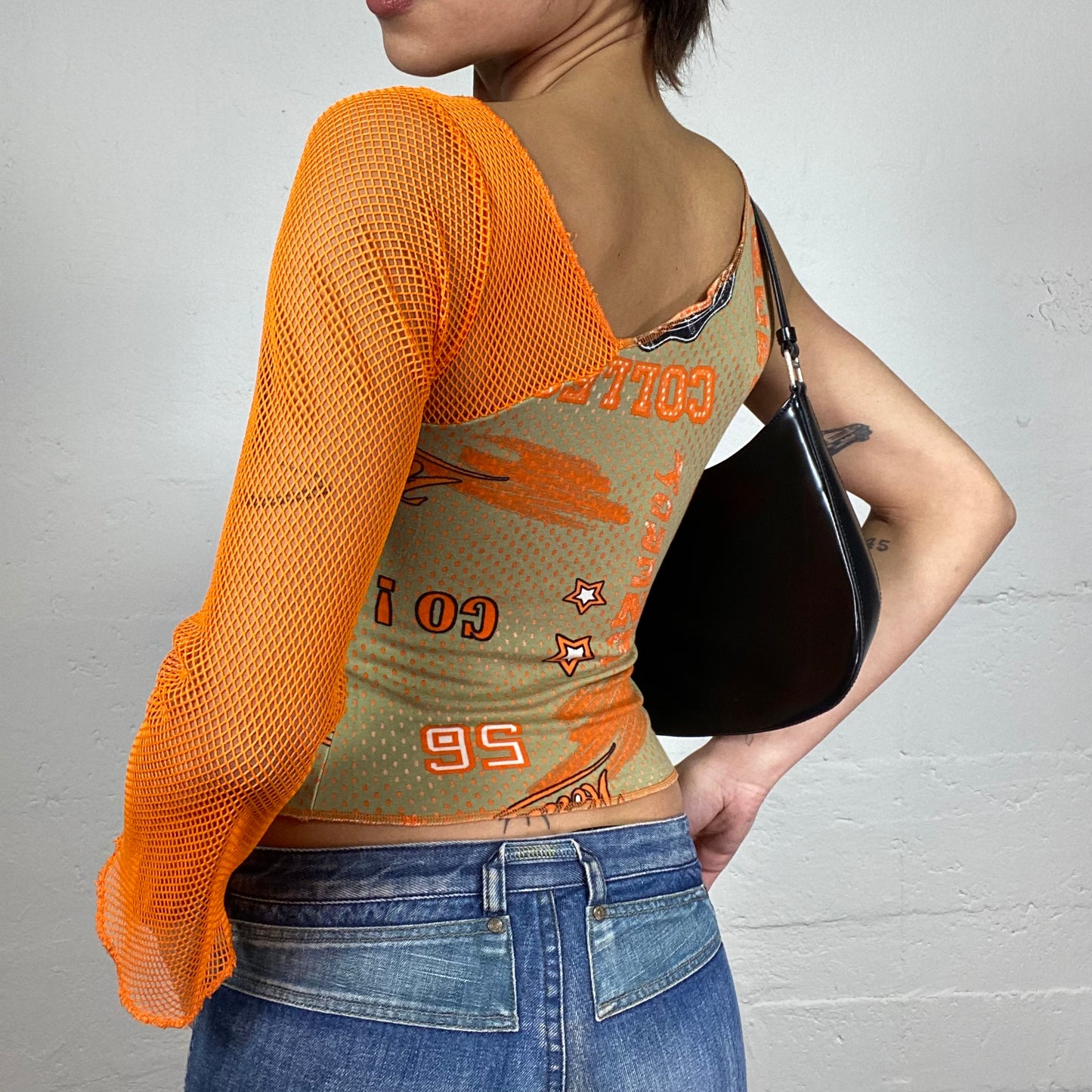 Vintage 2000's Girl-Pop Khaki & Orange Maille One Shoulder Top with Star Print (S/M)