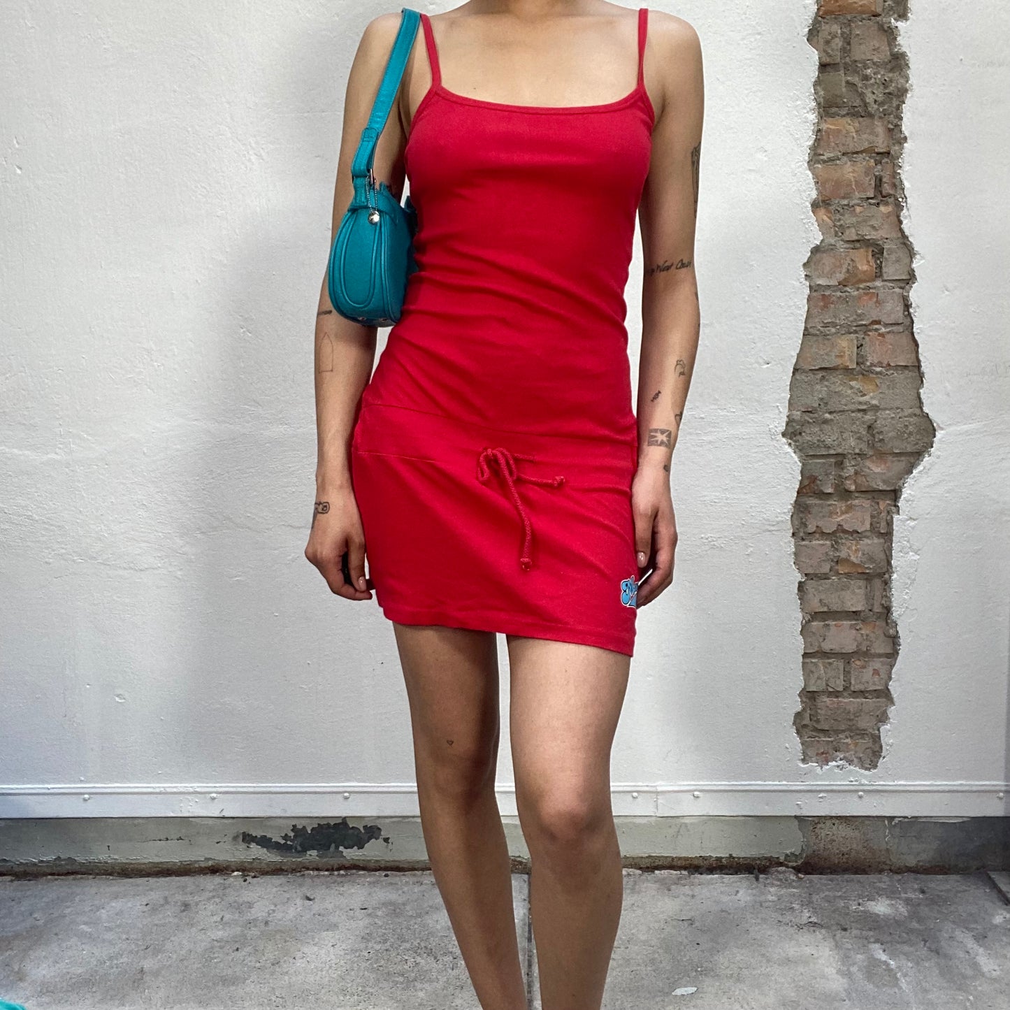 Vintage 90's Summer Red Mini Dress with Hip String and 'Miami Girl' Print (S)