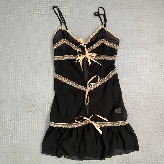 Vintage 2000's Coquette Lingerie Black Mesh Mini Dress with Pink Satin Trim and Ribbons Detail (M)