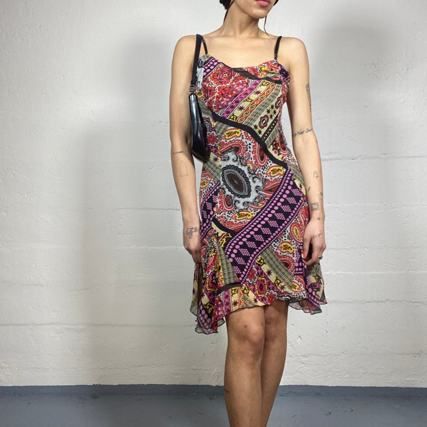 Vintage 2000's Funky Black Mini Dress with Mandala and Ethnic Colourful Print (S)