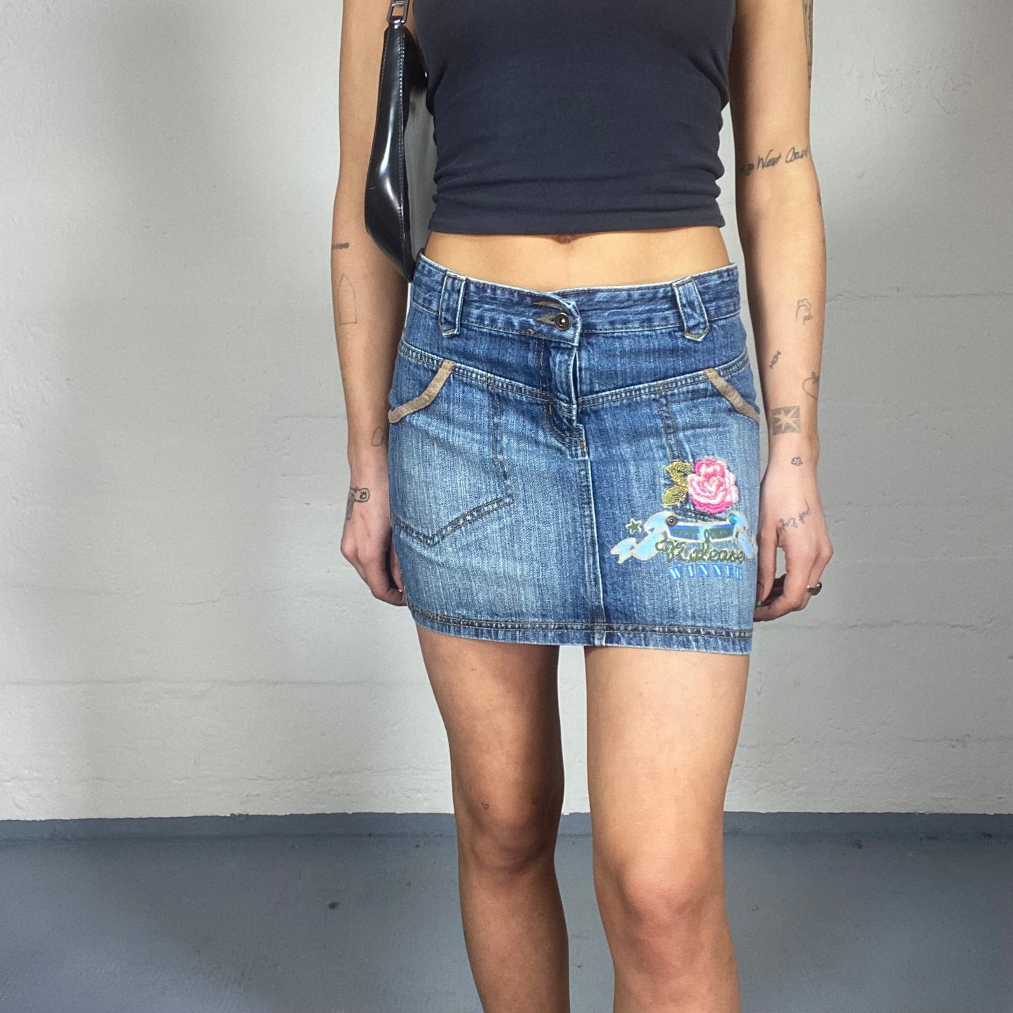 Vintage 2000's Archive Denim Mini Skirt with Pink Rose Embroidery Detail (S/M)