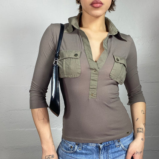 Vintage 2000's Downtown Girl Khaki Cargo Longsleeve Top with Big Pockets Detail (S)