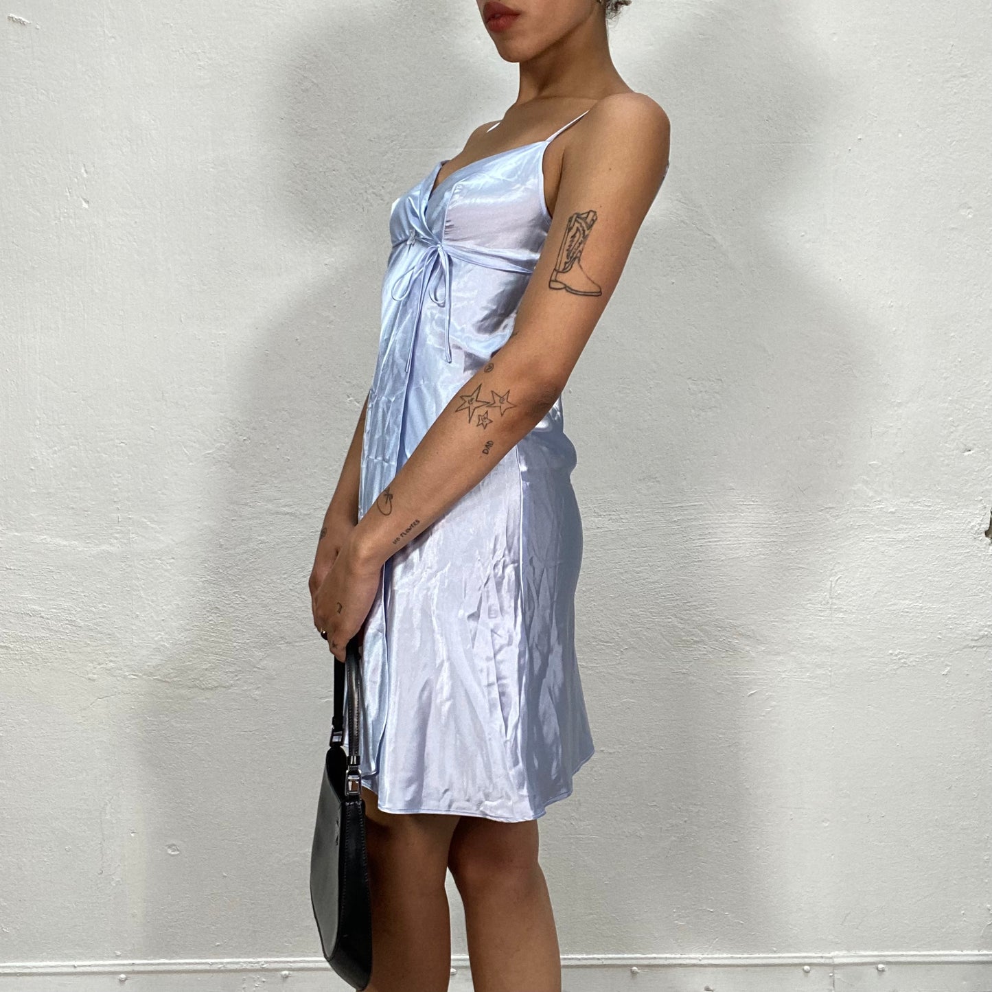 Vintage 2000's Fairy Baby Blue Satin Cami Dress with Flower Ribbon Detail (S)