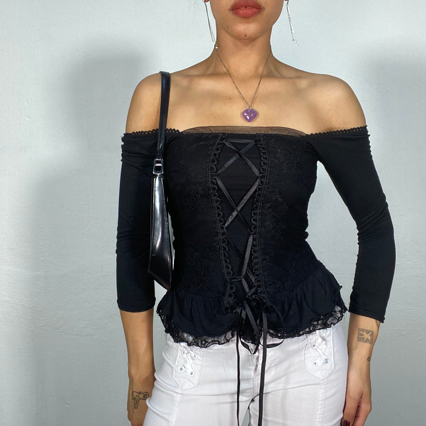 Vintage 2000's Goth Black Off Shoulder Top with Lace Up Detail (S)