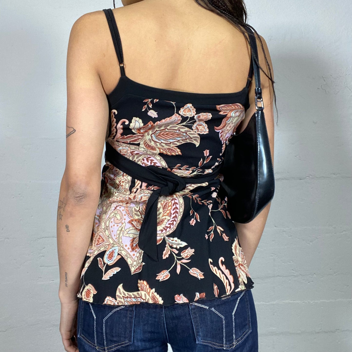 Vintage 90's Phoebe Buffay Black Blouse Top with Boho Pink and Beige Floral Paisley Print (S)