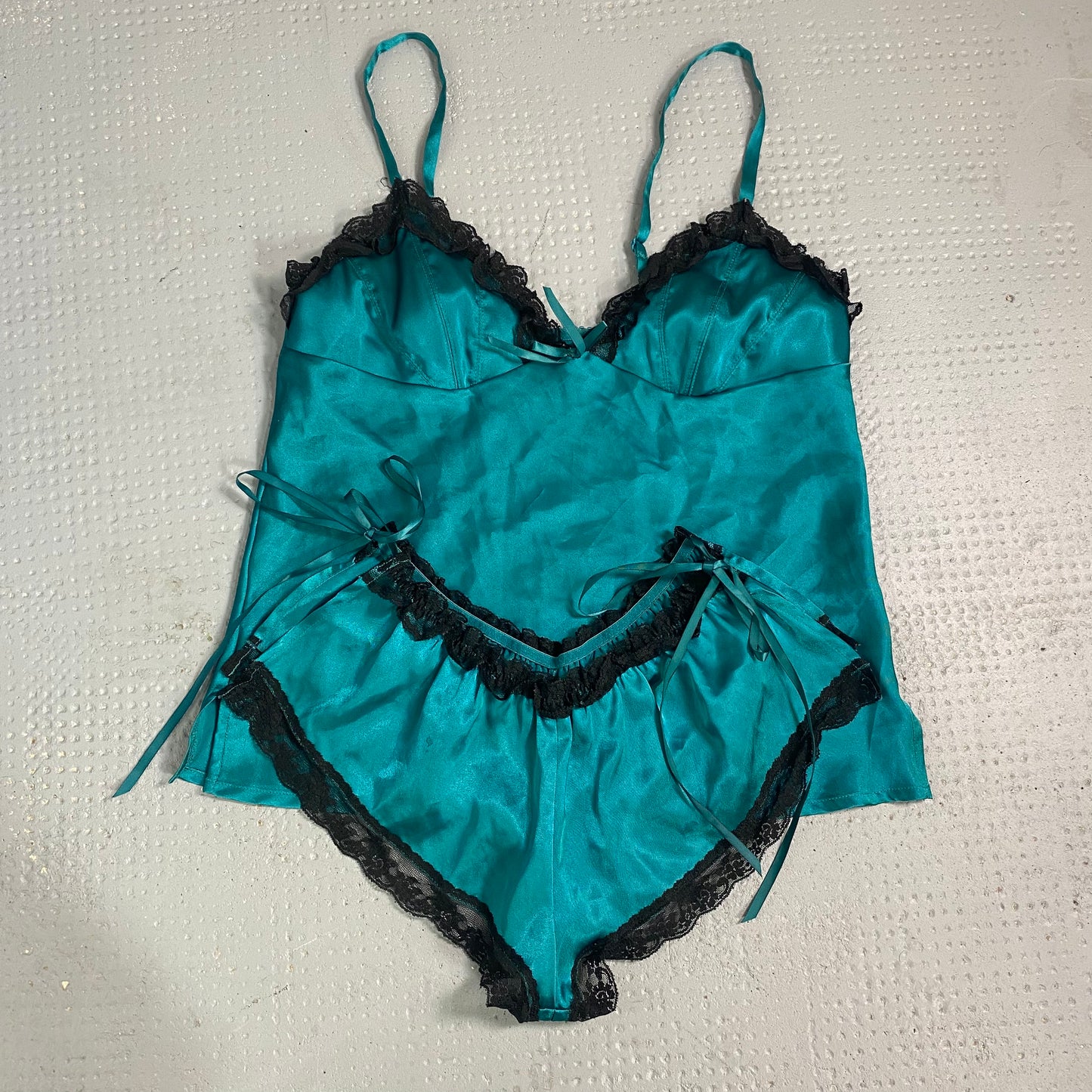 Vintage 2000's Lingerie Blue Satin Cami Set with Black Lace (S)