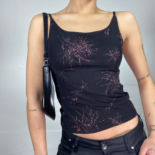 Vintage 2000's Clubwear Black Top with Bright Red Glitter Decoration (S)