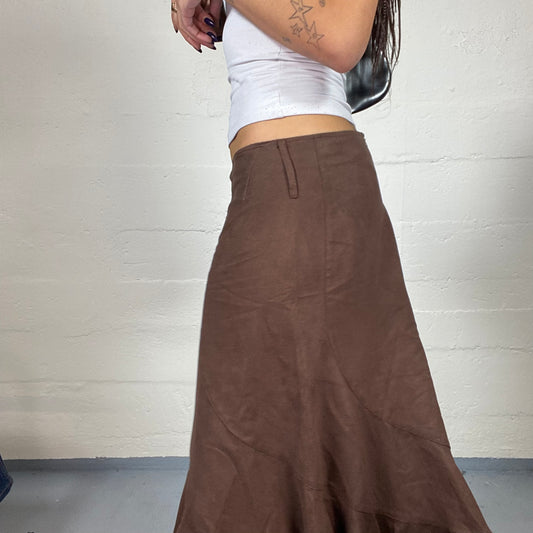 Vintage 2000's Fairy Brown Maxi Skirt with Frilled Asymmetric Cut (S)