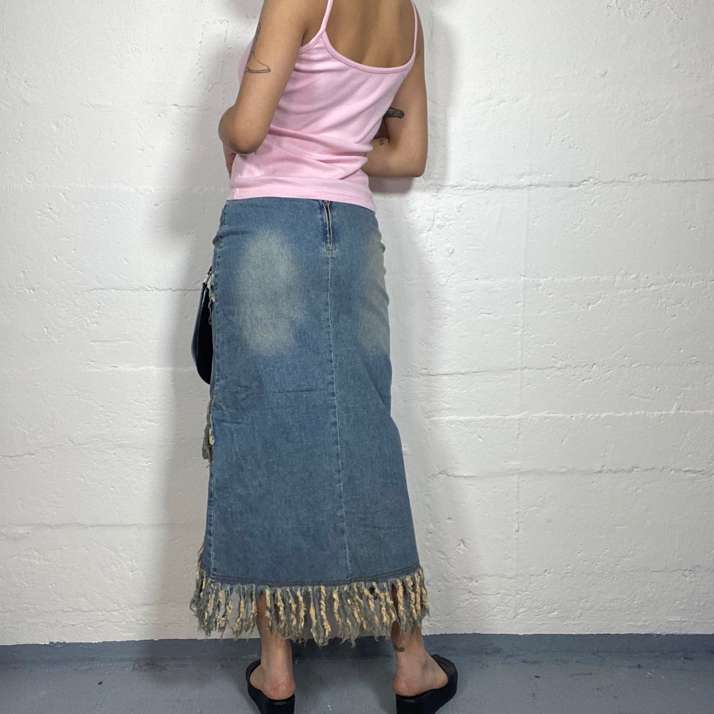 Vintage 2000's Cow-Girl Denim Deconstructed Maxi Skirt with Fringes and Volant Detail (S/M)