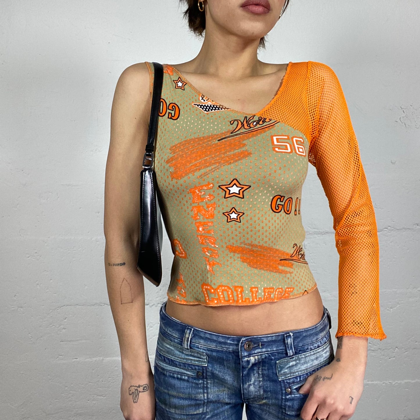 Vintage 2000's Girl-Pop Khaki & Orange Maille One Shoulder Top with Star Print (S/M)
