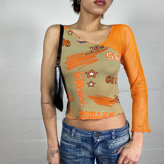 Vintage 2000's Girl-Pop Khaki & Orange Maille One Shoulder Top with Star Print (S/M)