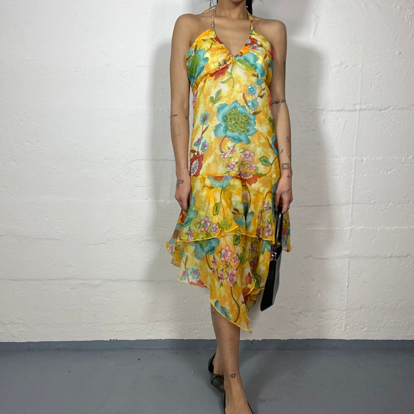 Vintage 2000's Barbie Yellow Layered Dress with Maxi Floral Print with Rhinestones Detail (S)