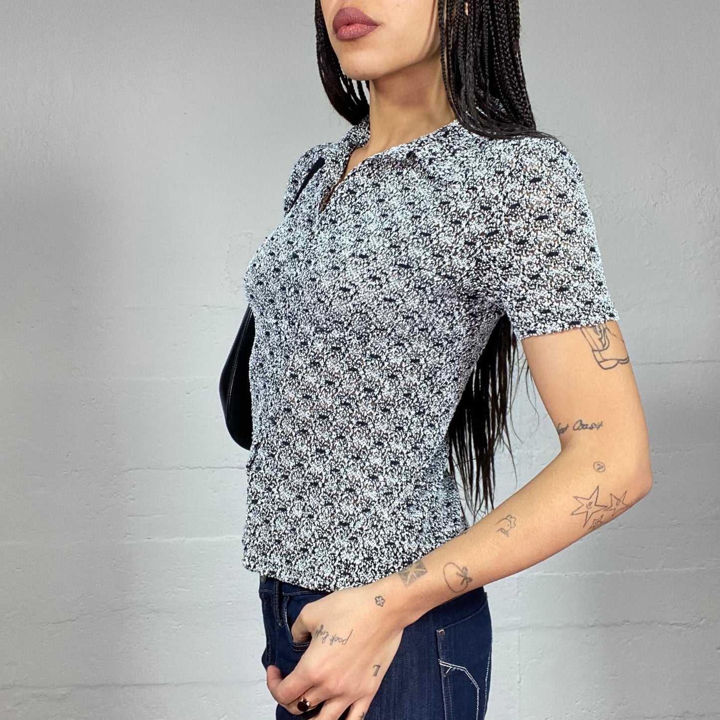 Vintage 2000's Classic Black Button Up Top with Print Detail (S)