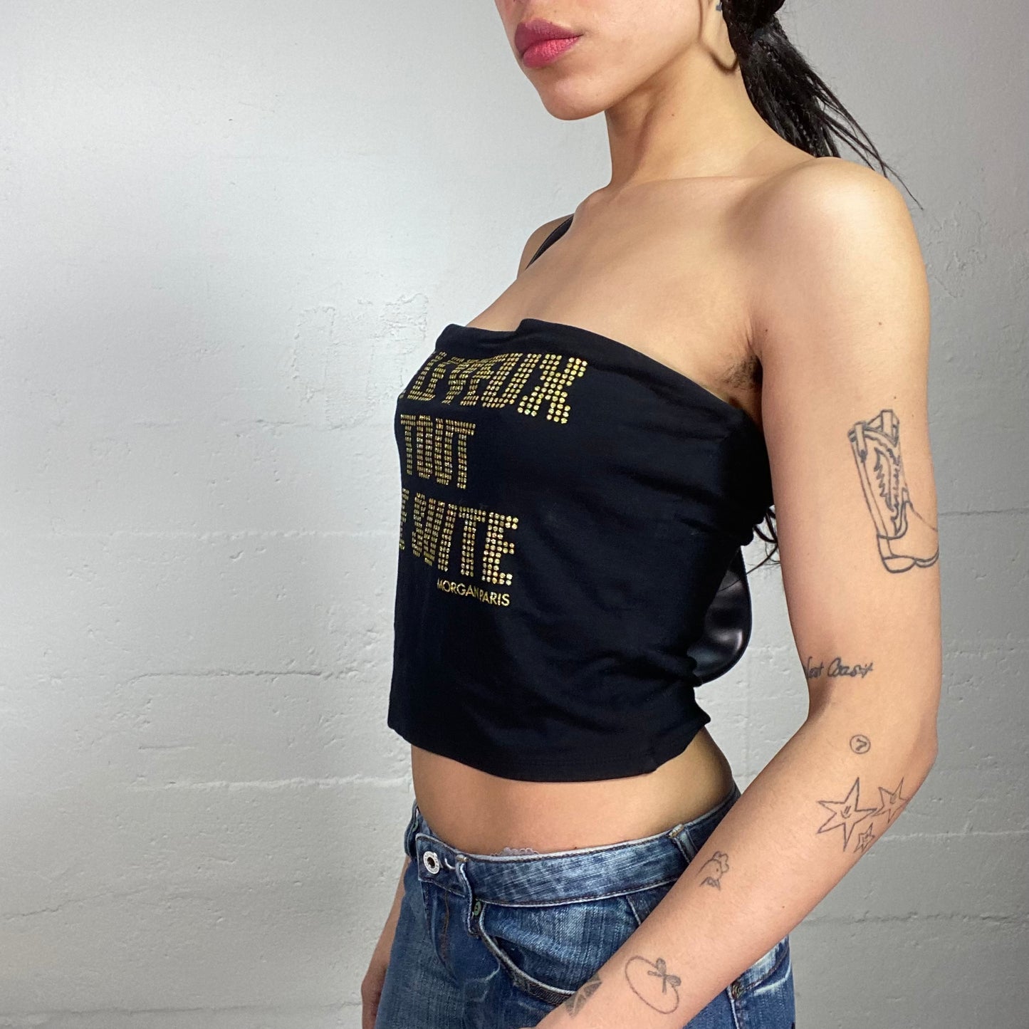 Vintage 2000's Morgan Rave Black Strapless Cropped Top with Strass "Je Le Veux Tout De Suite" Text Detail (S)