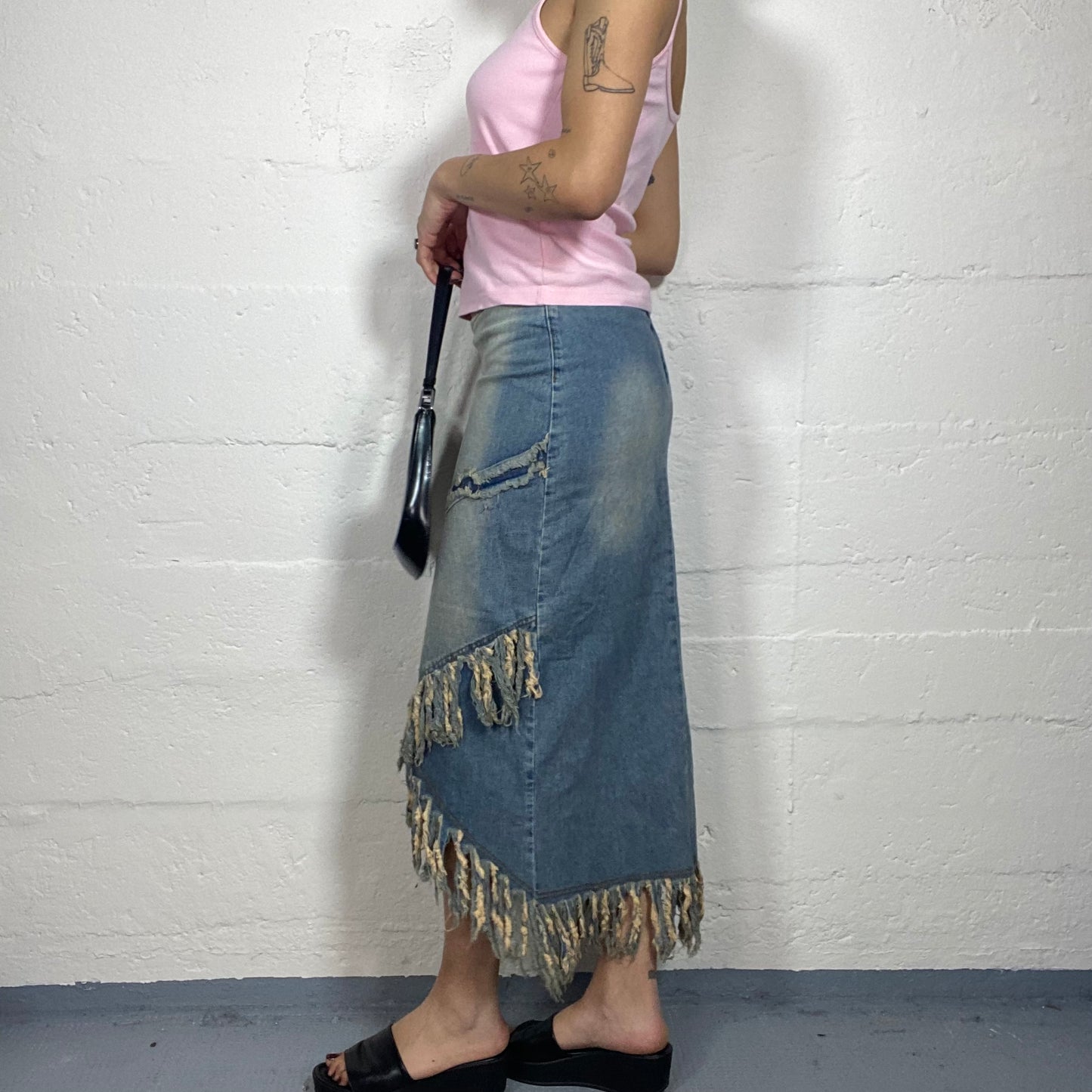 Vintage 2000's Cow-Girl Denim Deconstructed Maxi Skirt with Fringes and Volant Detail (S/M)