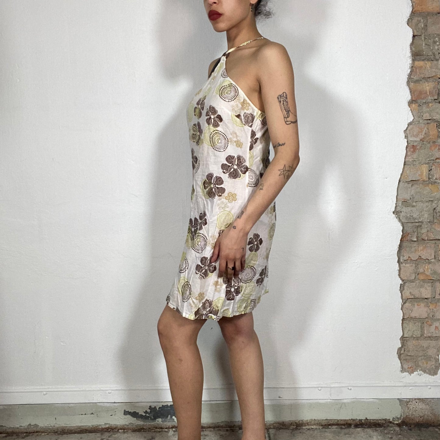 Vintage 2000's Surfer Cream Halter Neck Dress with Brown and Green Flower Print (S/M)