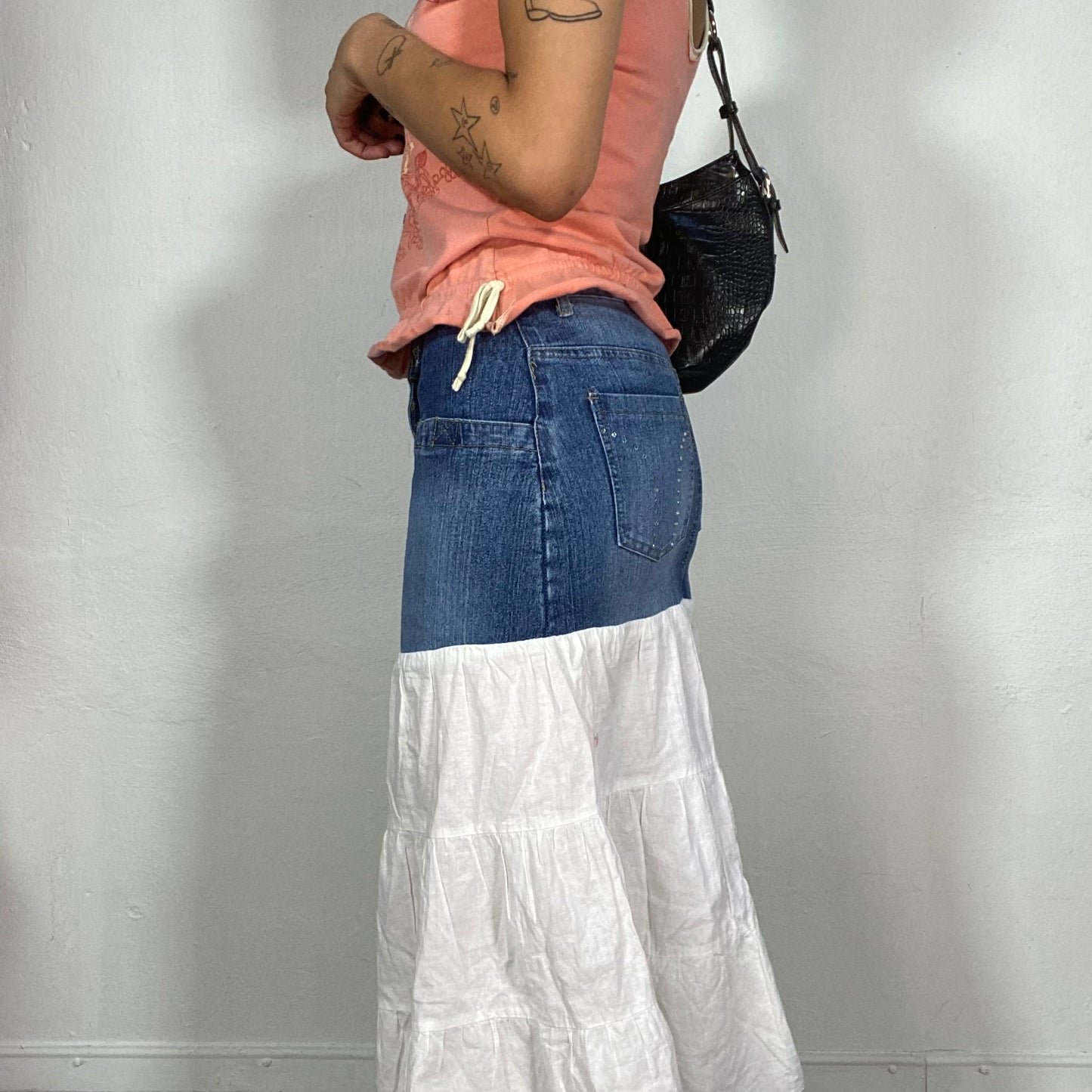 Vintage 2000's Fairy Denim and White Midi Skirt with Zipper Pocket Detail (S)